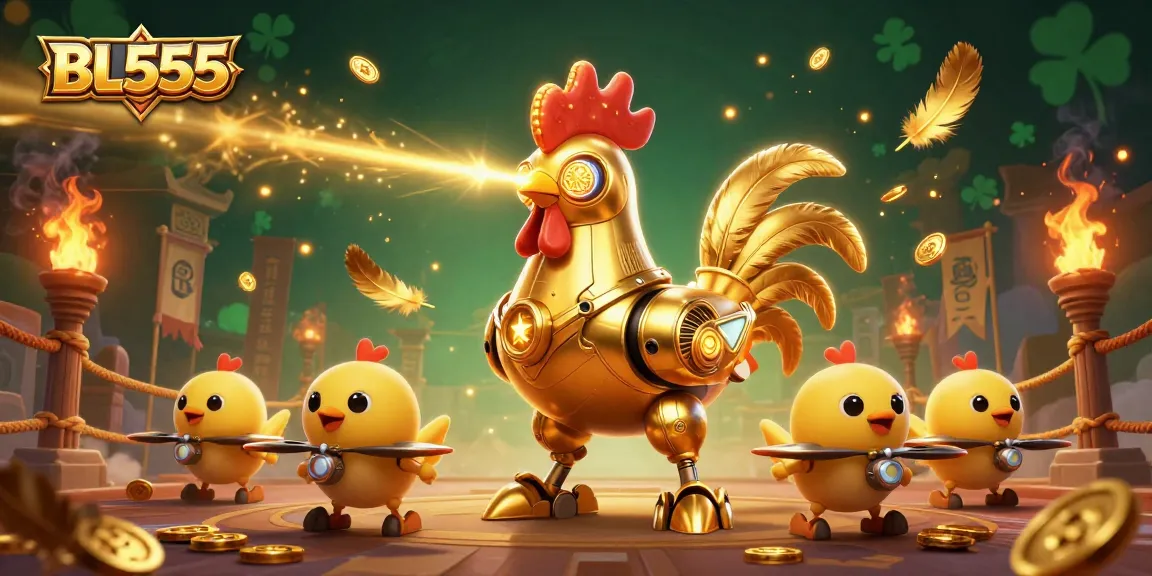 Experience action and glory with BL555's dynamic golden rooster and baby chick drones in this vivid casino illustration.