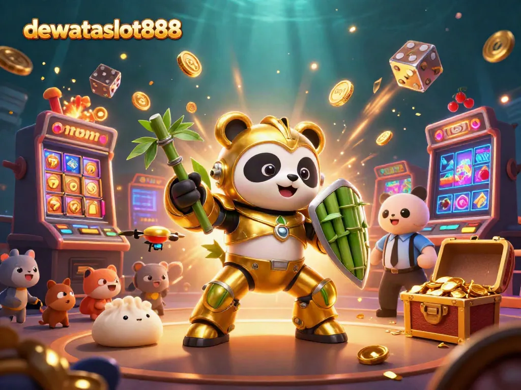 Menang dengan dewataslot888: ilustrasi 3D kasino dengan panda emas dan mesin slot