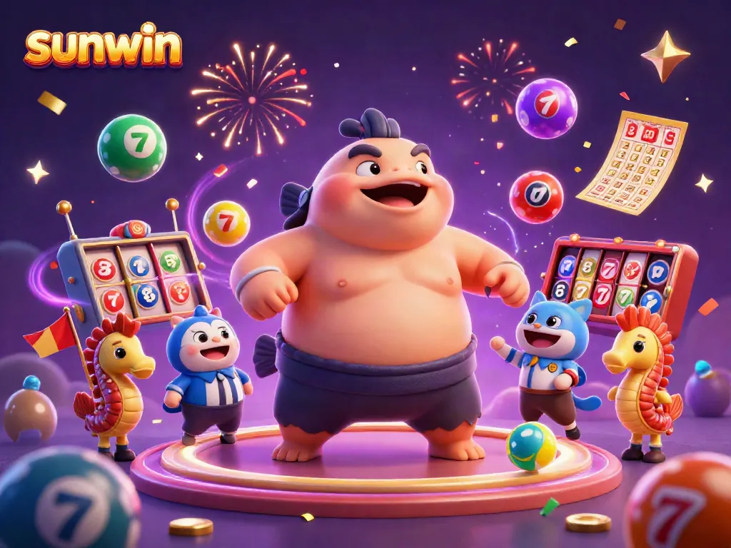 Experience sunwin's vibrant underwater casino with a dynamic fugu and lively characters amidst colorful gaming elements.