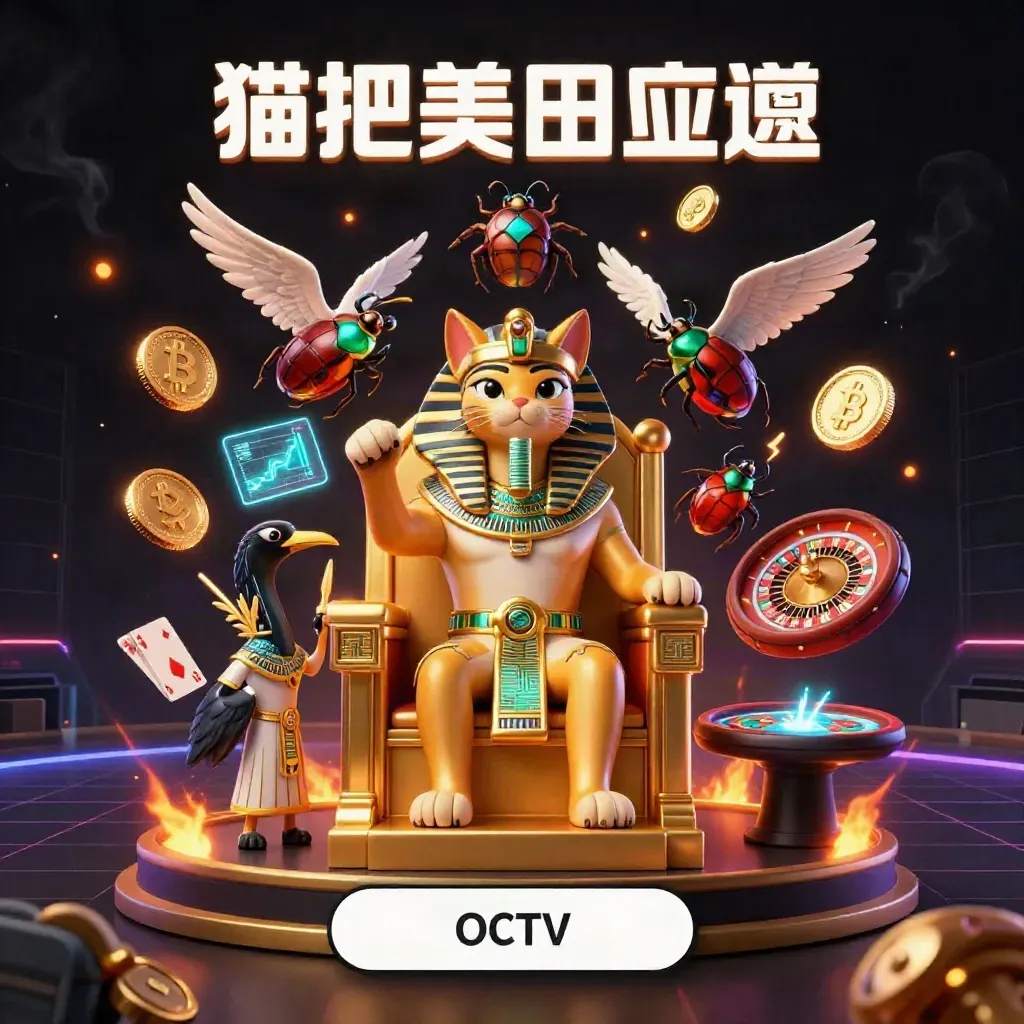 Pharaoh cat on throne with ibis scribe, scarabs, glowing coins, and casino effects.