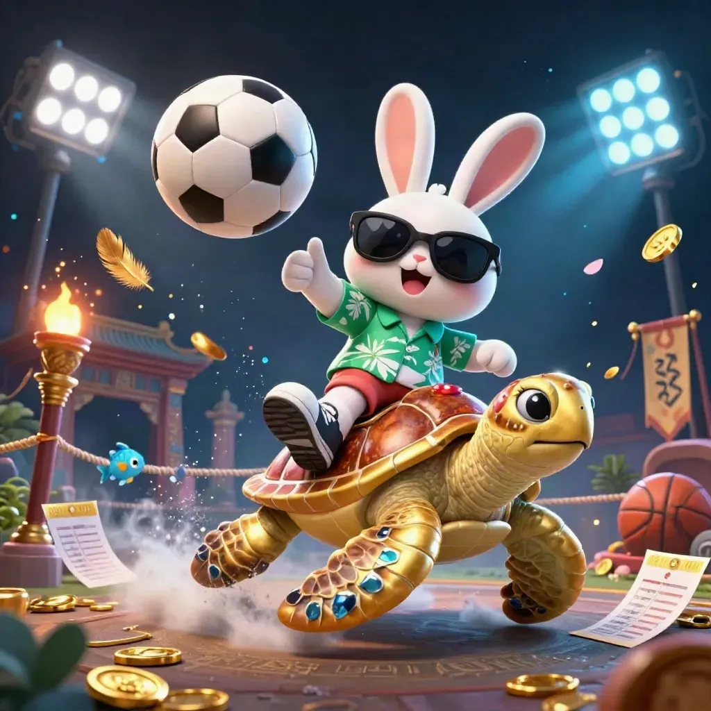 Lucky rabbit rides jeweled sea turtle beside a frozen soccer strike, coins, runes, and casino lights.