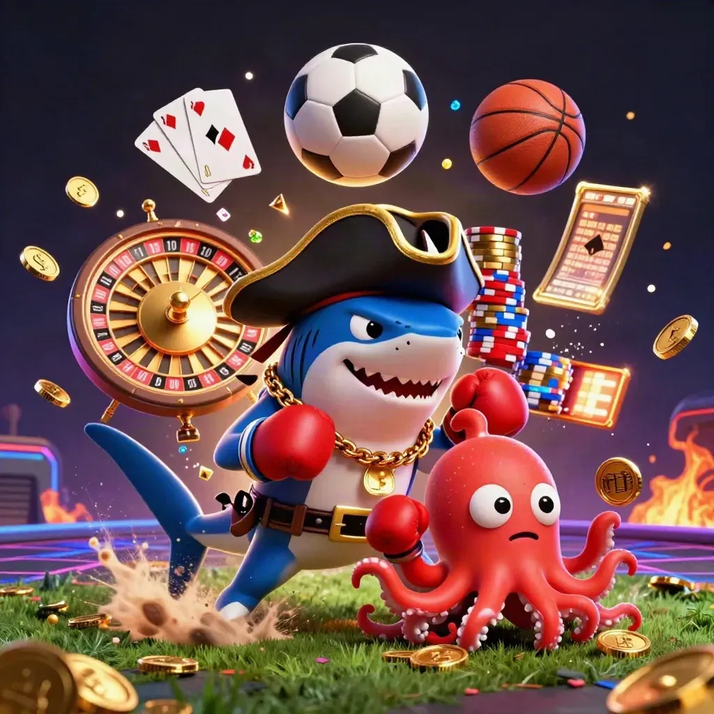Pirate shark, pufferfish and octopus amid casino coins, cards and sports balls in neon light.