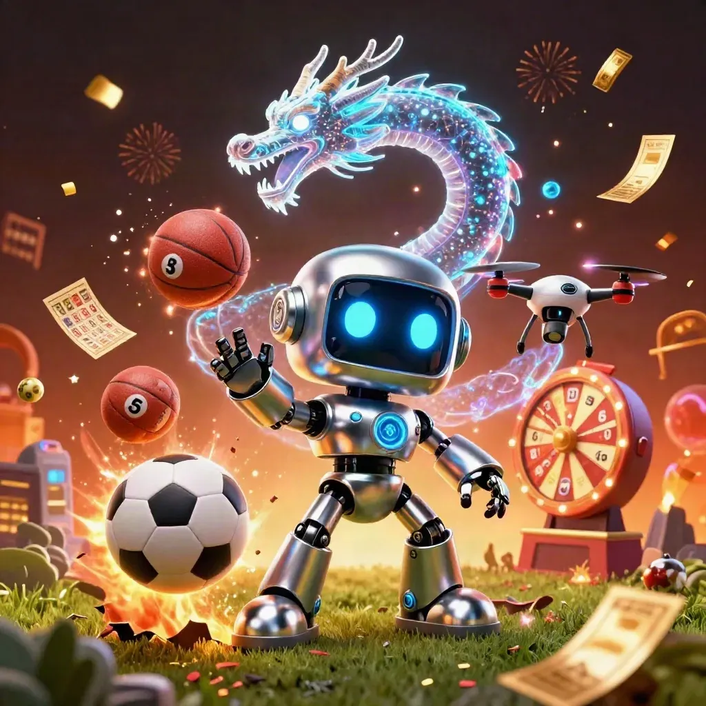 Cyberpunk robot, holographic dragon and coin drone amid flying balls, confetti, prize wheel and embers.