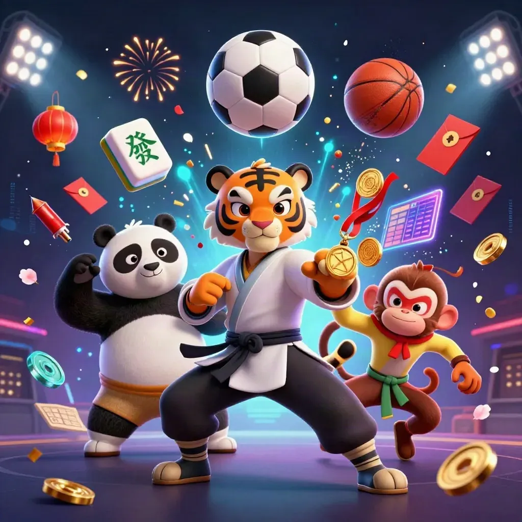 Kung-fu tiger, panda and monkey amid flying balls, lanterns and gold casino effects.