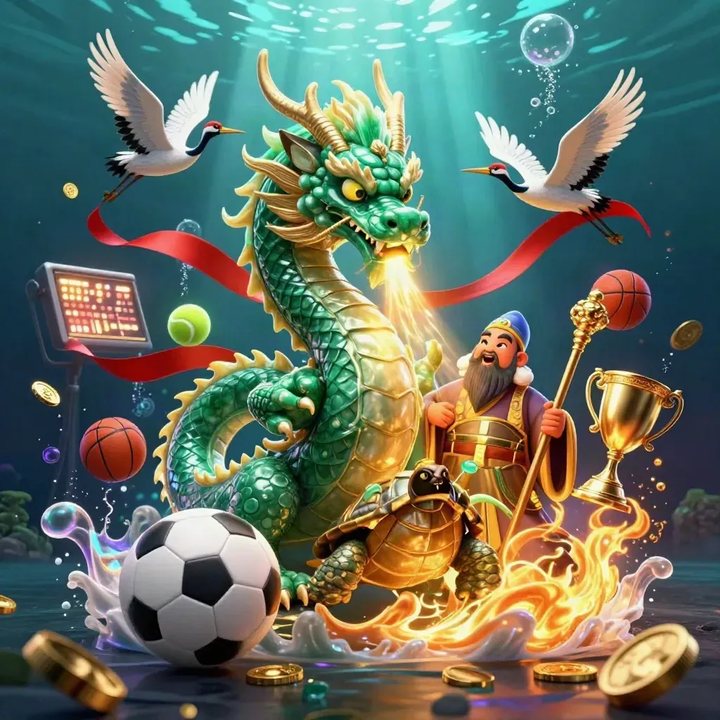 Jade dragon, turtle sage, and cranes amid flying balls, coins, and glowing underwater light