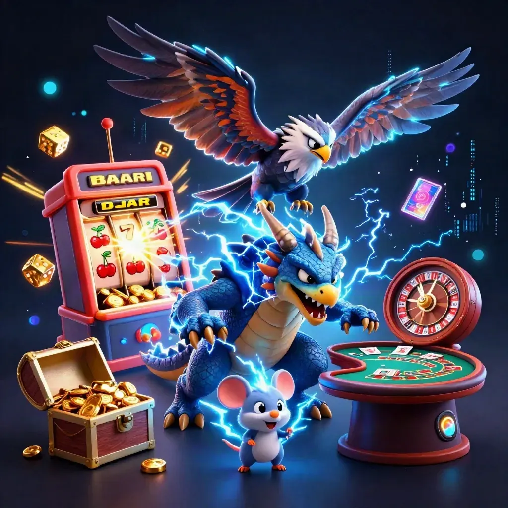 Thunder dragon, wind hawk, and static mouse erupt amid jackpot gold, cyan sparks, and casino magic.
