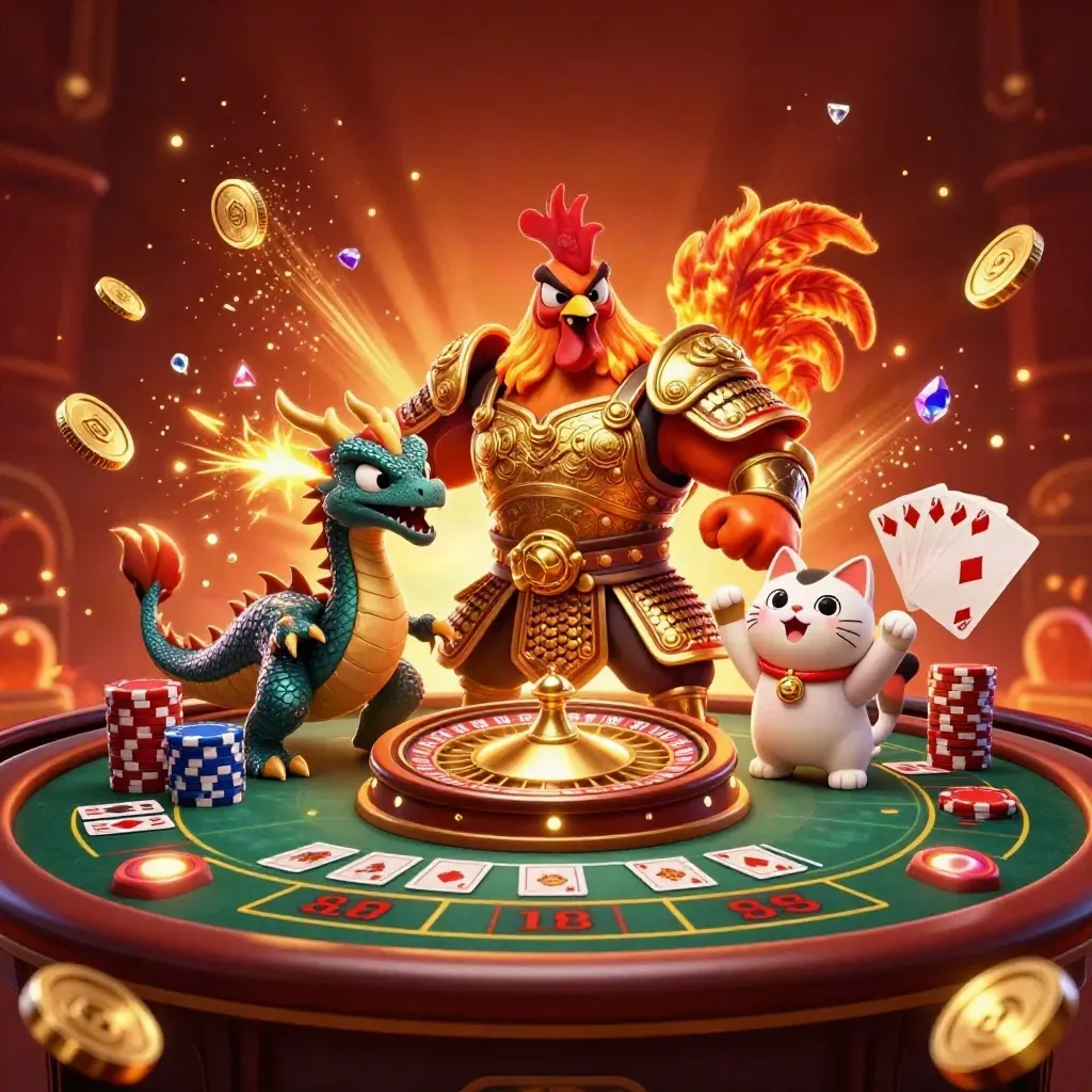 Rooster warrior, dragon hatchling, and fortune cat amid coins, chips, cards, and glowing casino light.