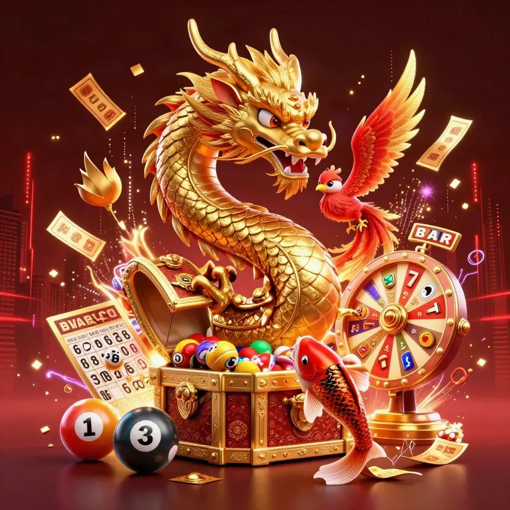 Golden dragon, red phoenix and koi erupting with casino prizes on a dark red neon background.