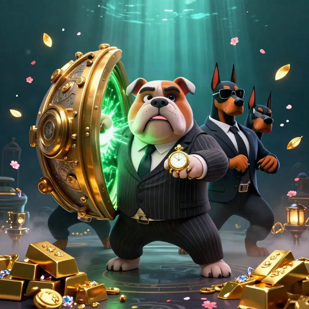 Bulldog boss and Doberman guards burst a gold vault underwater in emerald light.