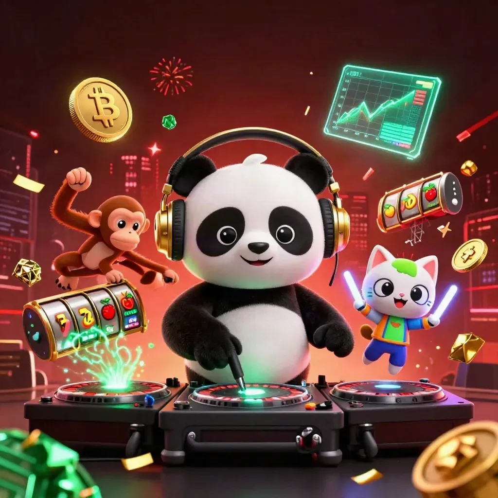 DJ panda, breakdancing monkey and rave kitten with neon casino coins, reels and sparks.