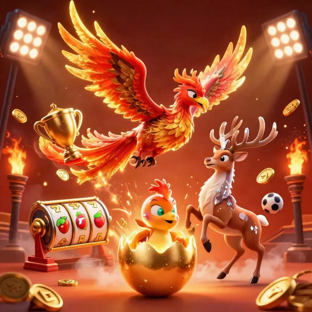 Fire phoenix, hatching baby phoenix, and crystal-antler stag amid casino treasure and sports props.