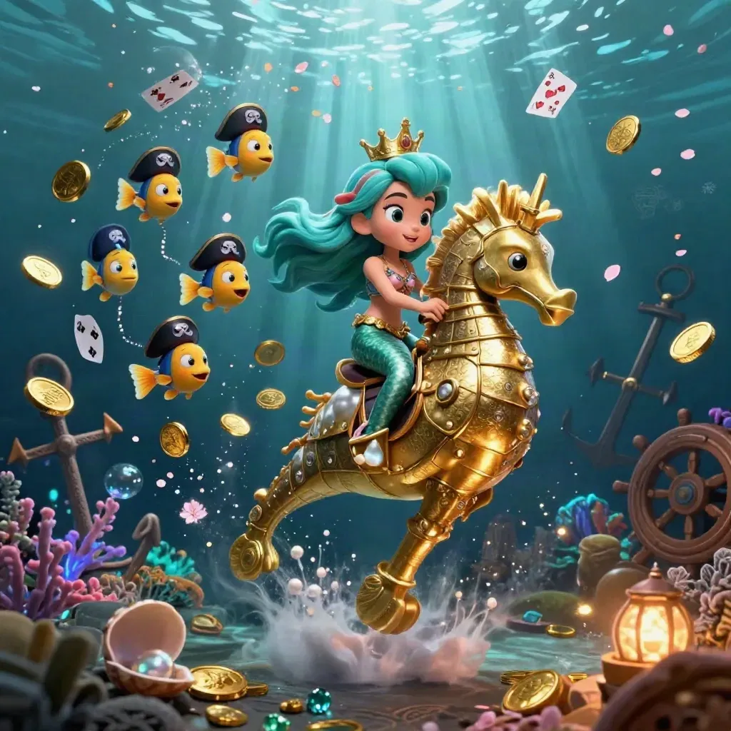Mermaid princess on armored seahorse in a glowing underwater treasure cove with fish and coins