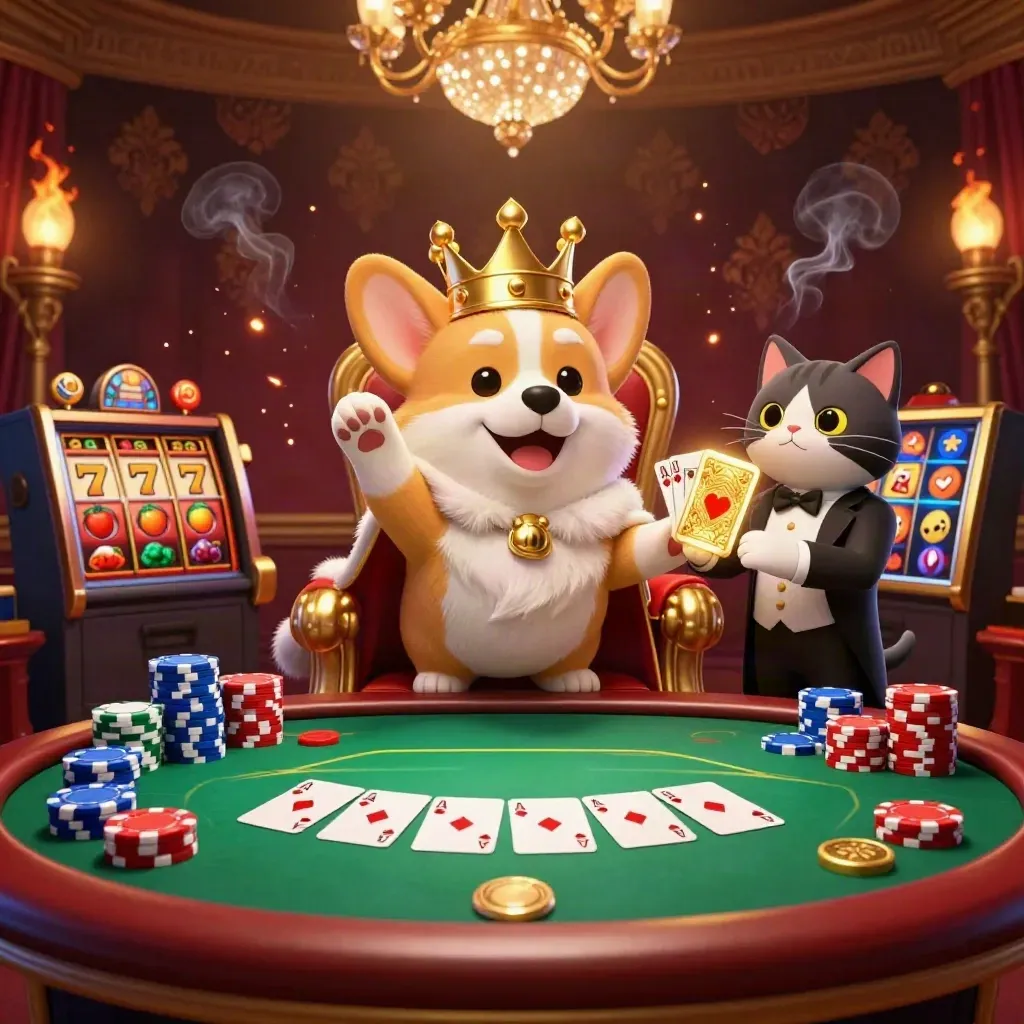 Royal corgi and cat butler in a lavish casino scene with chips, cards, and glowing embers.