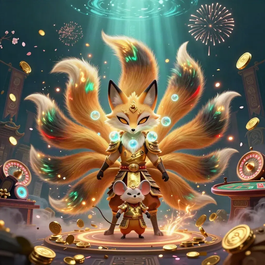 Nine-tailed fox spirit and golden mouse amid casino treasure, fireworks, and neon magic.