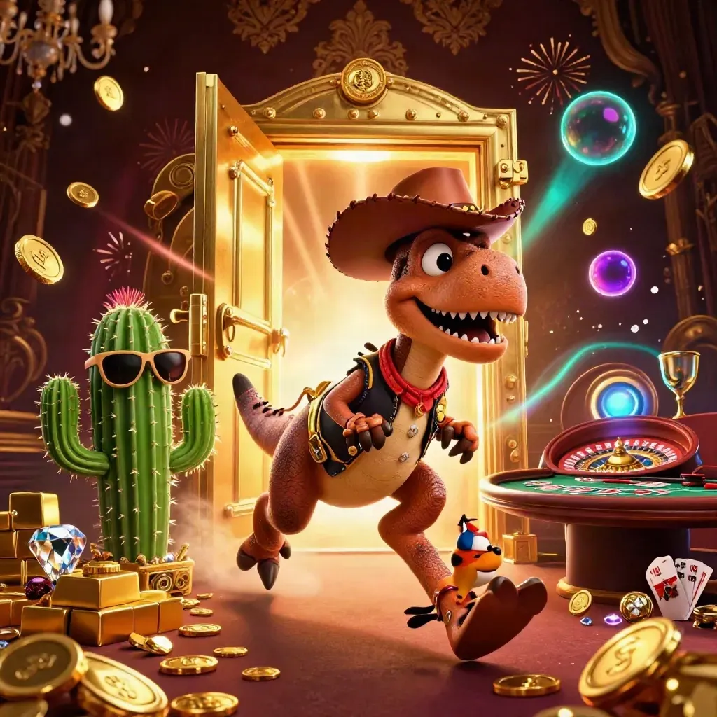 T-Rex cowboy, cactus, and roadrunner amid vault gold, gems, cards, and fireworks