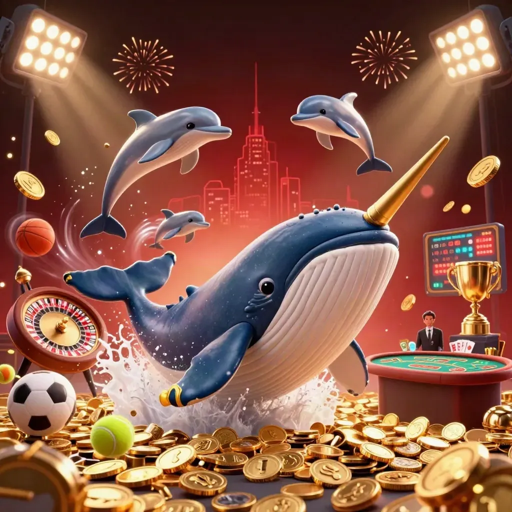 Whale, narwhal, and dolphins burst through coins with casino lights and trophies