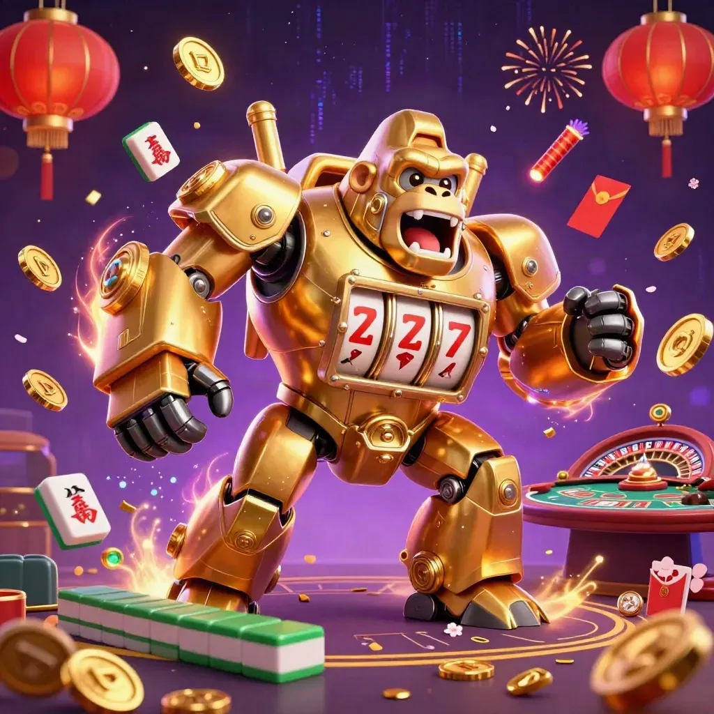 Golden gorilla mech and monkey pilot amid vault treasure, coins, lanterns, fireworks, and neon casino energy.