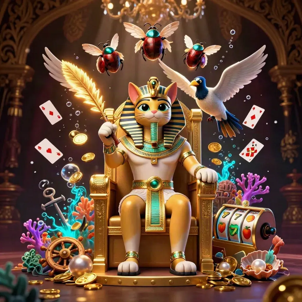 Pharaoh cat on throne with ibis scribe, scarabs, and treasure cove casino glow