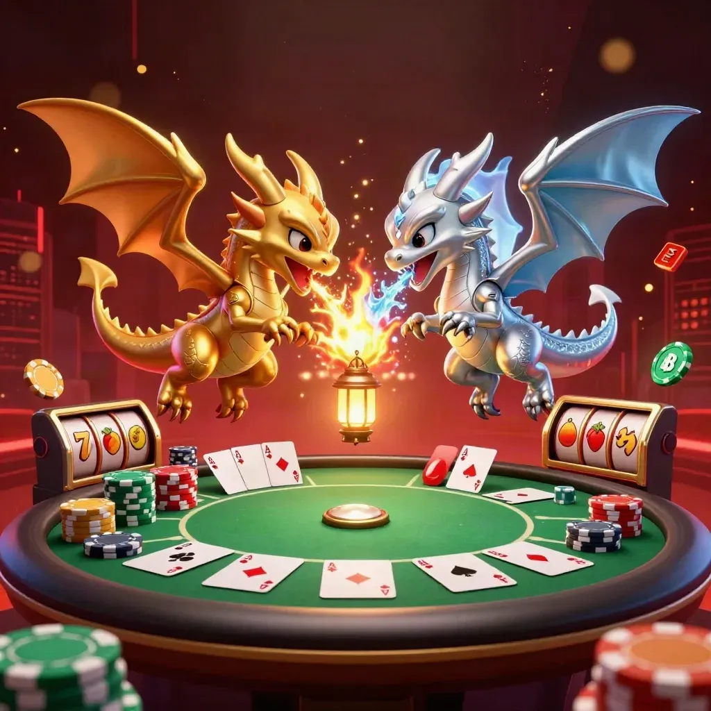 Gold and silver dragons weave fire and ice above casino props in a dark red neon splash screen.