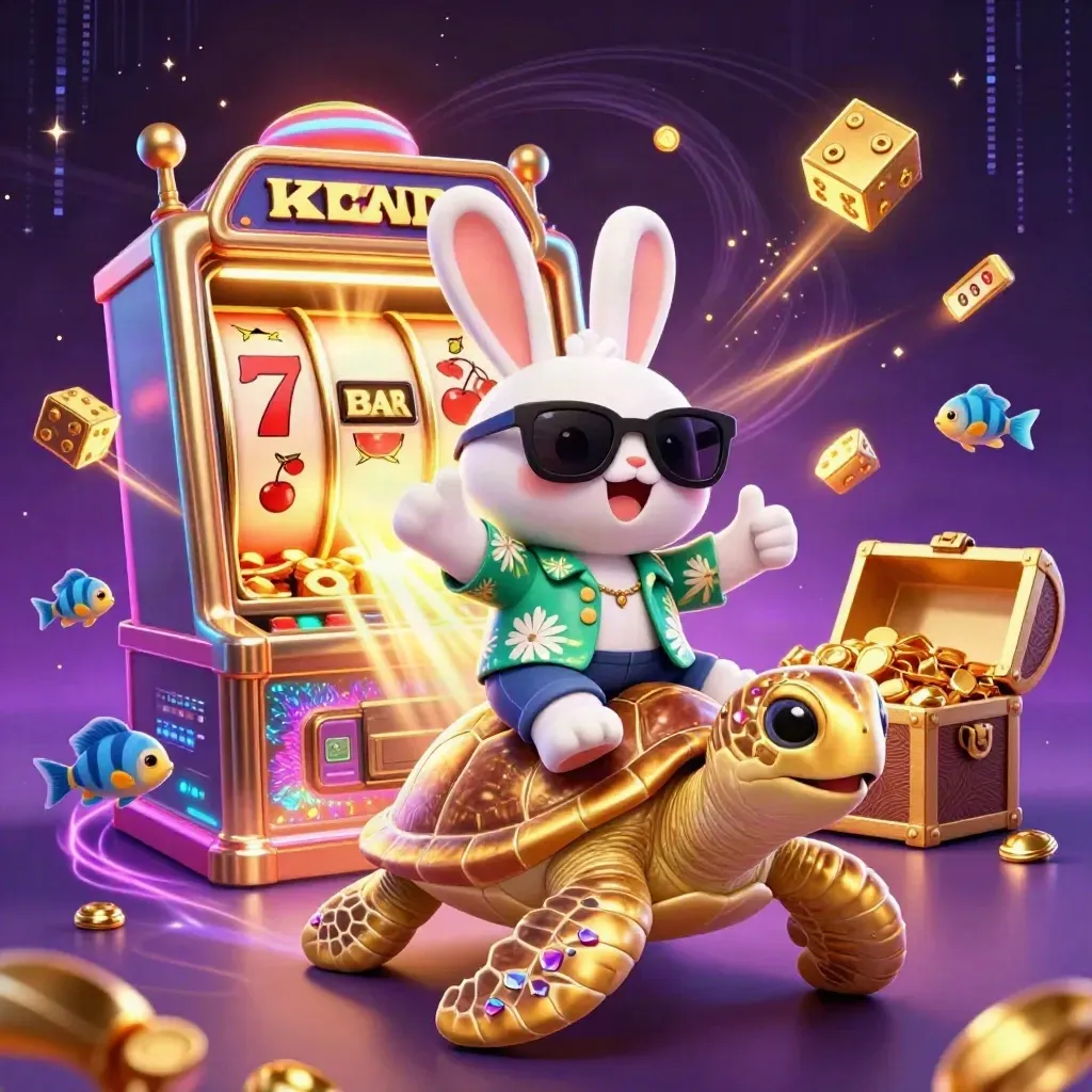 Lucky rabbit rides a golden sea turtle amid slot symbols and neon casino magic.