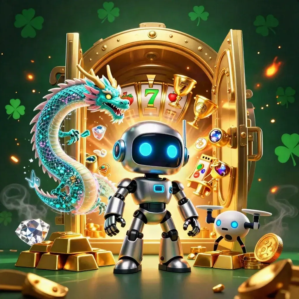 Robot mascot, holographic dragon, and coin drone burst from a vault with gold and slot symbols.