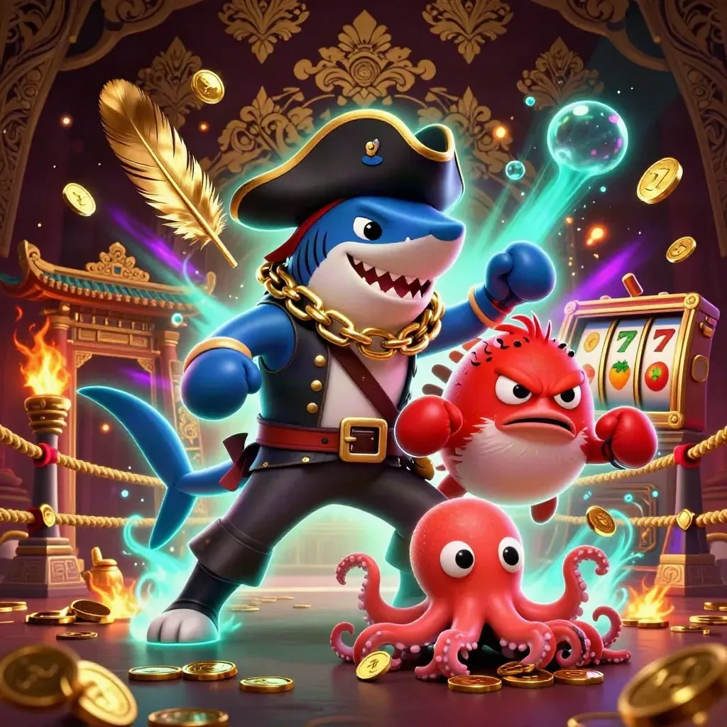 Pirate shark, red pufferfish, and coin-juggling octopus amid casino treasure and neon glow
