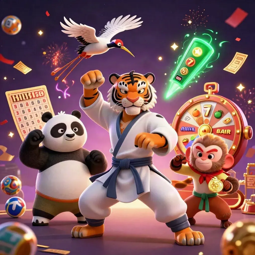 Kung-fu tiger, panda, and monkey in a neon casino splash with reels, balls, fireworks, and confetti.