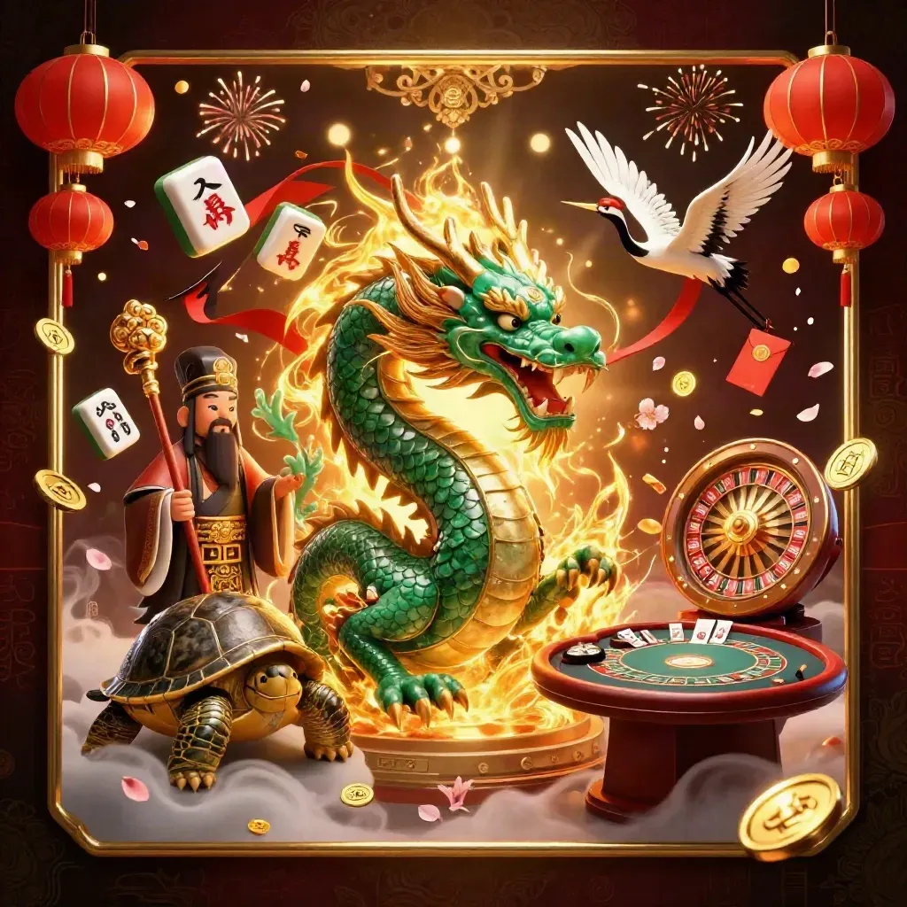 Jade dragon, turtle sage, and cranes amid casino tokens, lanterns, and gold fire in a dark luxe square.