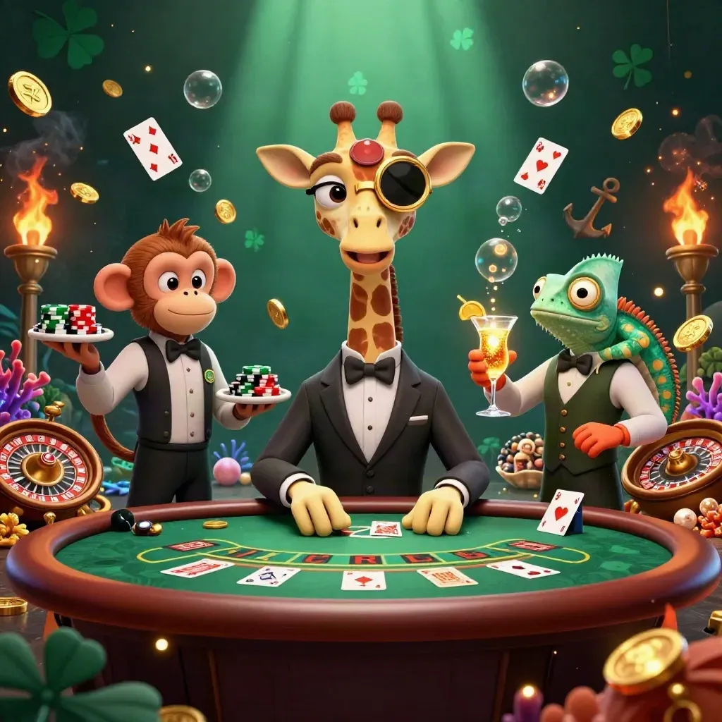 Giraffe, monkey, and chameleon casino heroes amid treasure, cards, coins, and glowing lights.