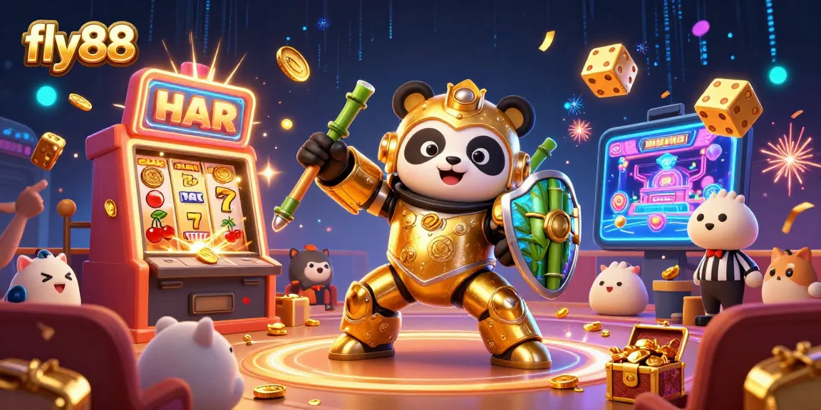 Experience excitement with fly88 as golden panda piloting a robot amidst a colorful casino explosion.