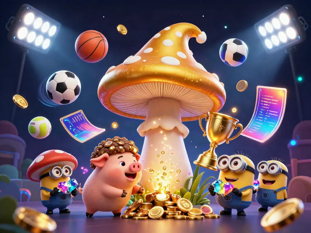 Experience the excitement of totojitu with a magical golden mushroom wizard amidst vibrant sports elements and treasure.
