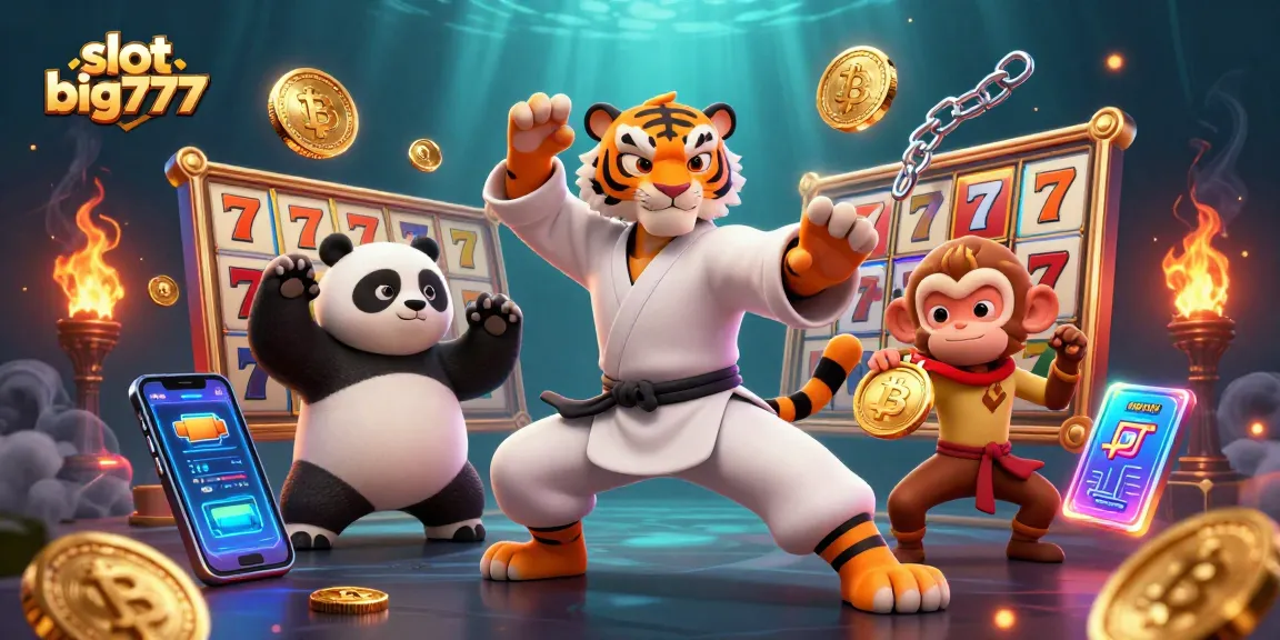 Engage with slot big777 in an energetic scene featuring a kung fu tiger and playful elements.