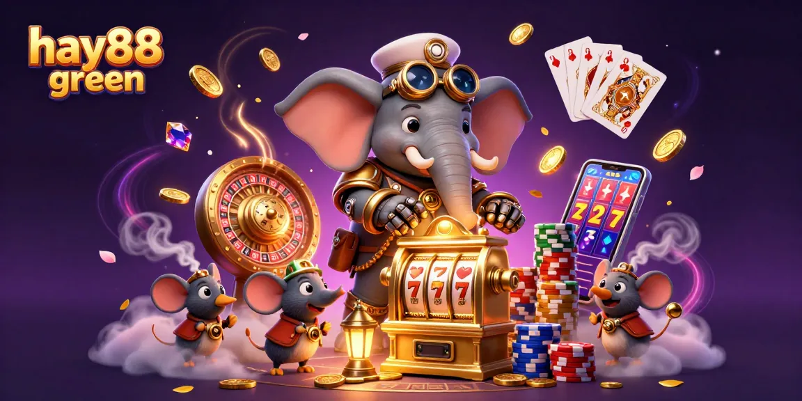 Experience the excitement of hay88 green casino with a dynamic 3D illustration showcasing steampunk characters and rich casino elements.
