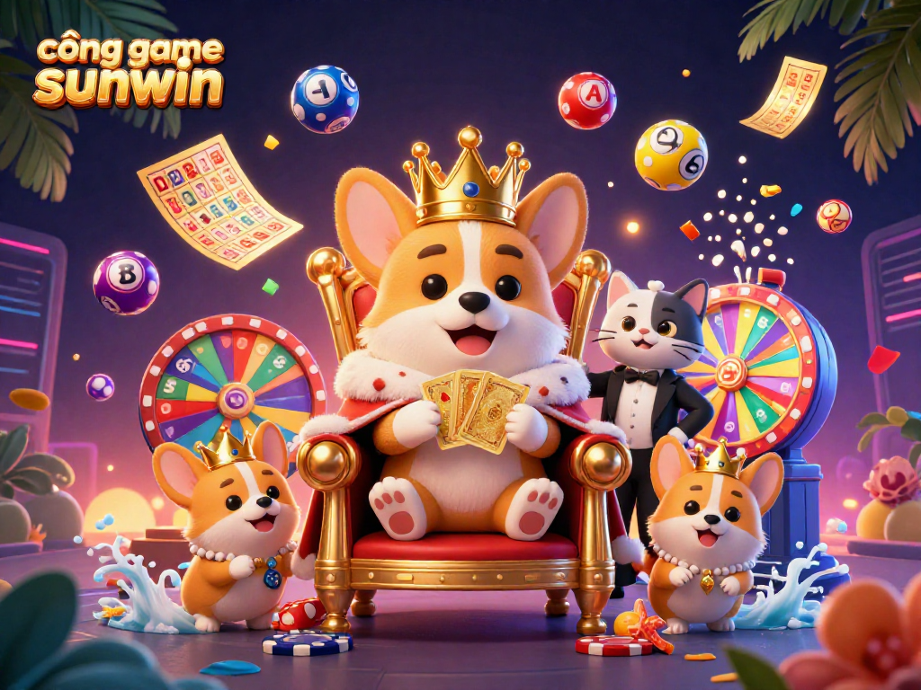 Engage with cổng game sunwin through a vibrant 3D illustration featuring a royal corgi on a throne of poker chips.