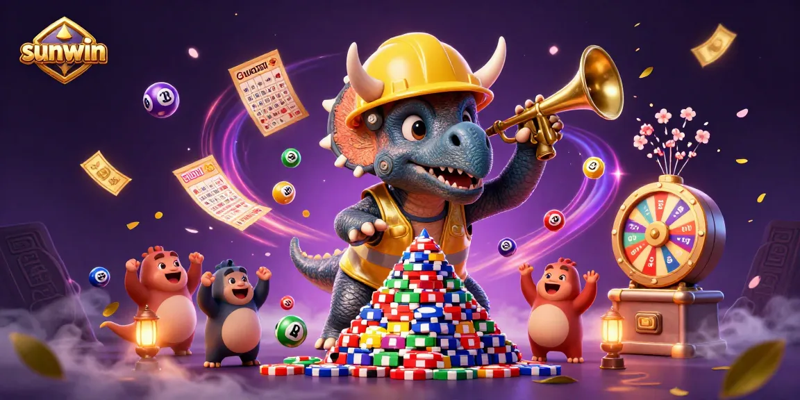 Sunwin casino scene with a triceratops building poker chip pyramids amidst vibrant lottery elements.