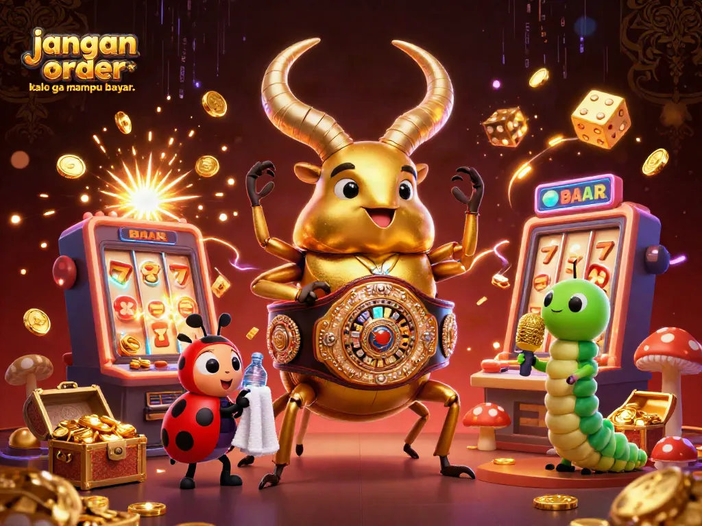 Experience the thrill of gambling with jangan order kalo ga mampu bayar.. dynamic illustration of a giant golden beetle and vibrant casino elements.