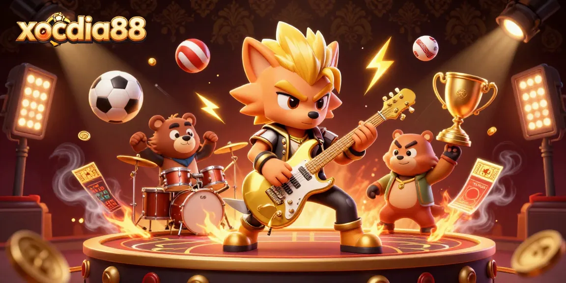 Xocdia88 unveils a vibrant casino adventure with a rocking wolf and drummer bear amidst dynamic betting elements.