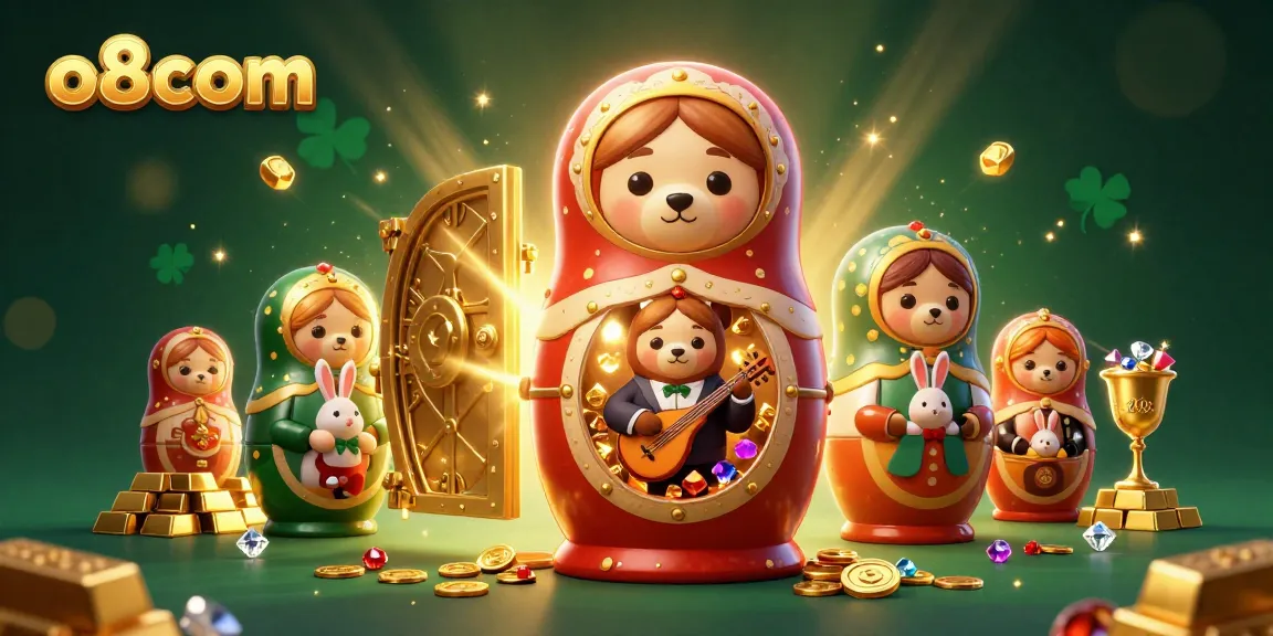 Experience the thrill of gaming at o8com with Matryoshka bears in dealer outfits, surrounded by treasures.