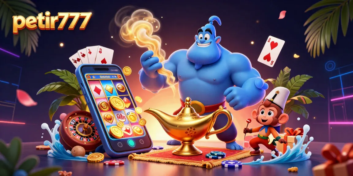 Play thrilling games on petir777 with exciting casino elements including slots and poker chips, all illustrated in vivid 3D.