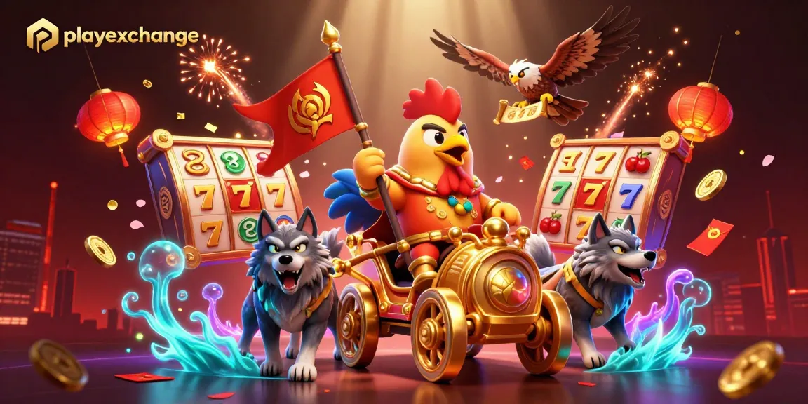Playexchange showcases exciting slot games with a cartoon rooster warlord and golden rewards.