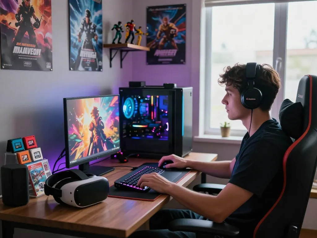 Pemain game di ruang permainan yang nyaman dengan diana4d di layar laptop dan koleksi game