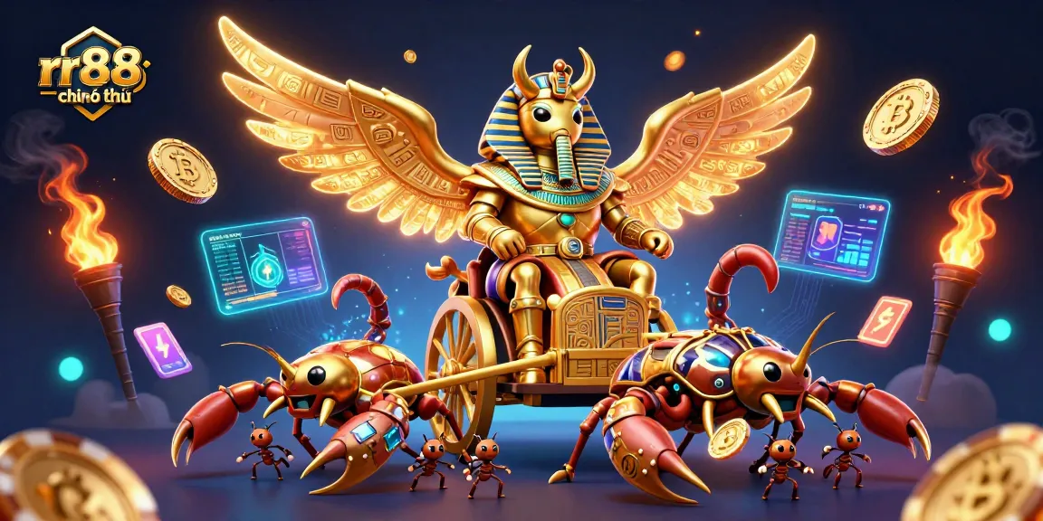 Experience rr88 chính thức with vibrant 3D art of a colossal scarab and scorpions amidst crypto symbols.