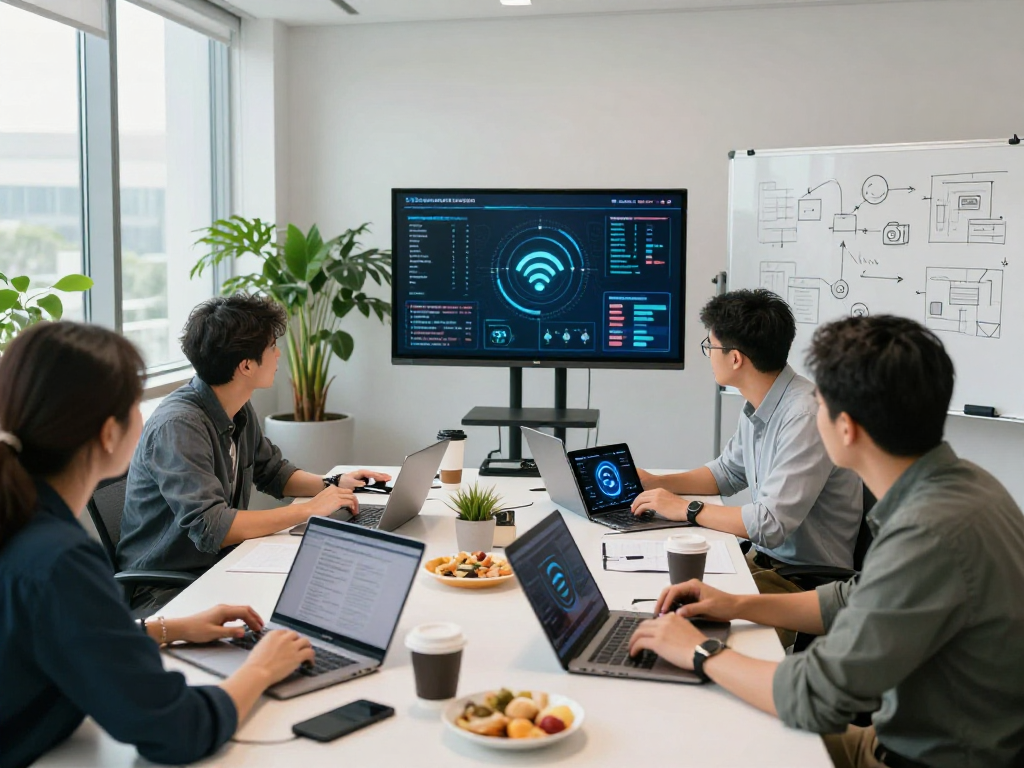 Kantor modern dengan wifi4d, profesional berdiskusi tentang teknologi tanpa kabel.