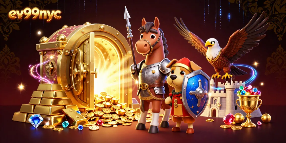 Experience thrilling gameplay with ev99nyc showcasing a dazzling treasure scene and medieval characters.