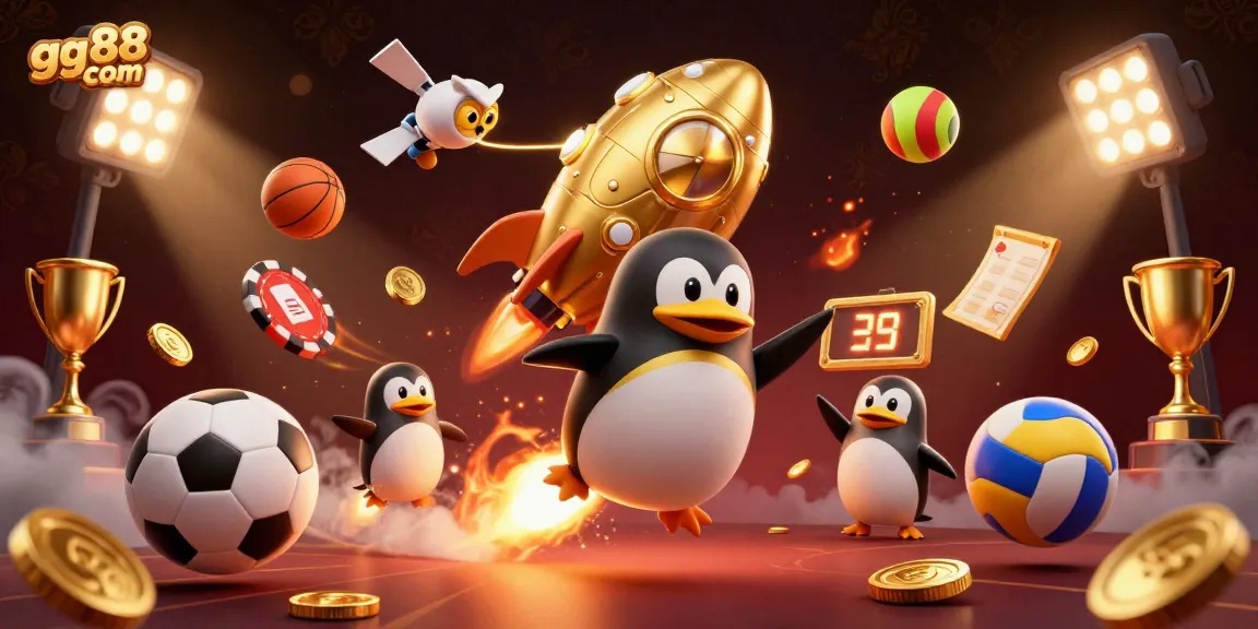 Engage with gg88 com's thrilling casino experience featuring a golden penguin navigating a vibrant gambling scene.