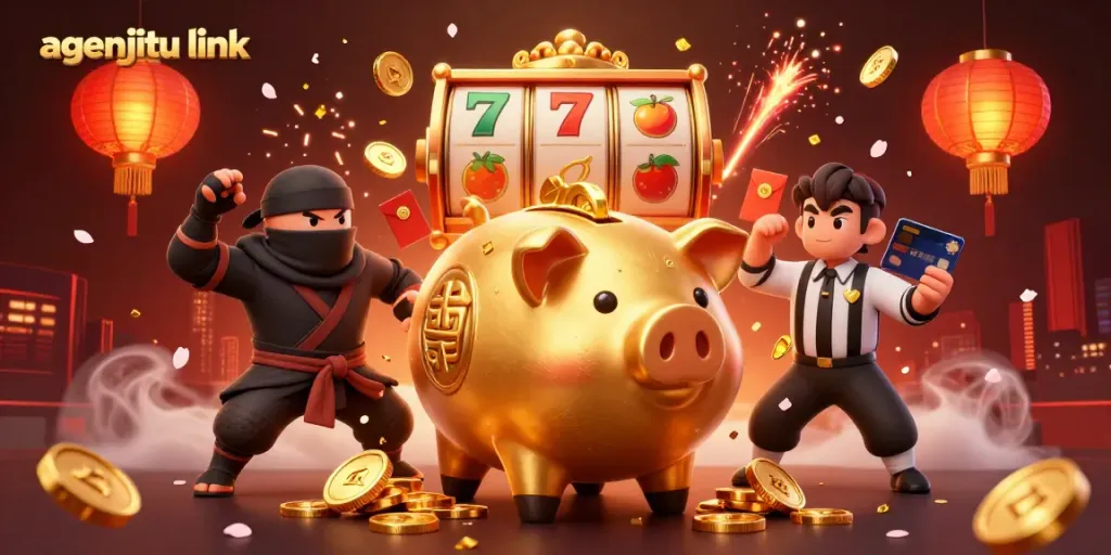 Mengguncang koin emas dengan agenjitu link dalam ilustrasi kasino yang penuh warna dan energi.