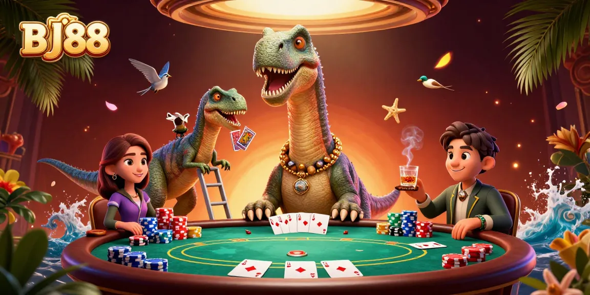 BJ88 features a giant brontosaurus looking down at a poker table with vibrant game elements.