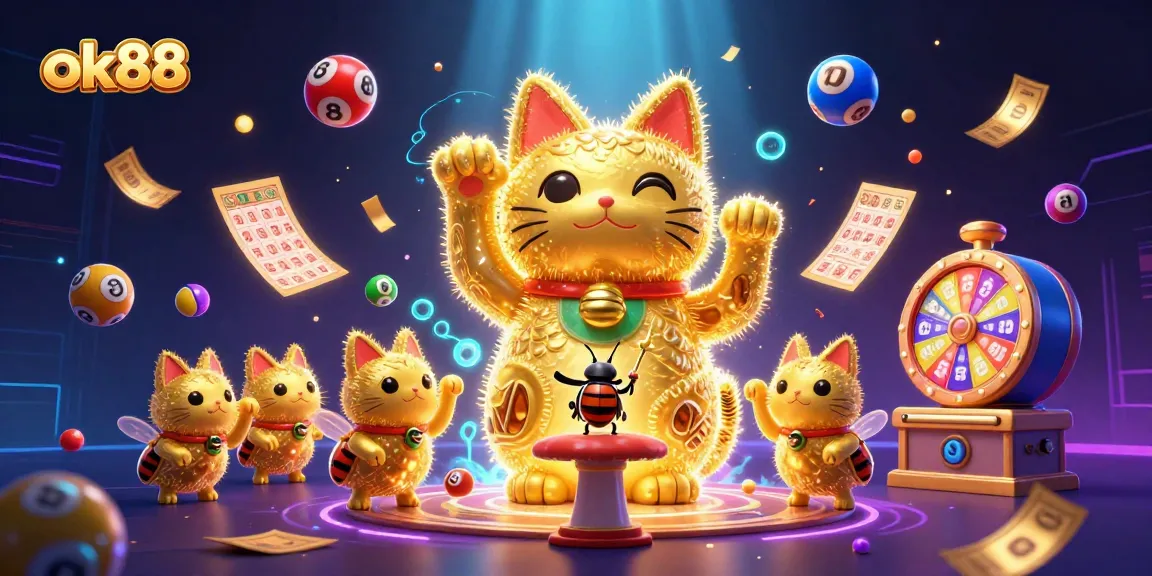 ok88's vibrant digital illustration shows a lucky cat and conductors amid colorful lottery elements.