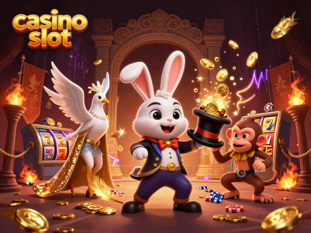 Experience thrilling casino slot action with a magician rabbit, doves, and poker chips in vibrant 3D