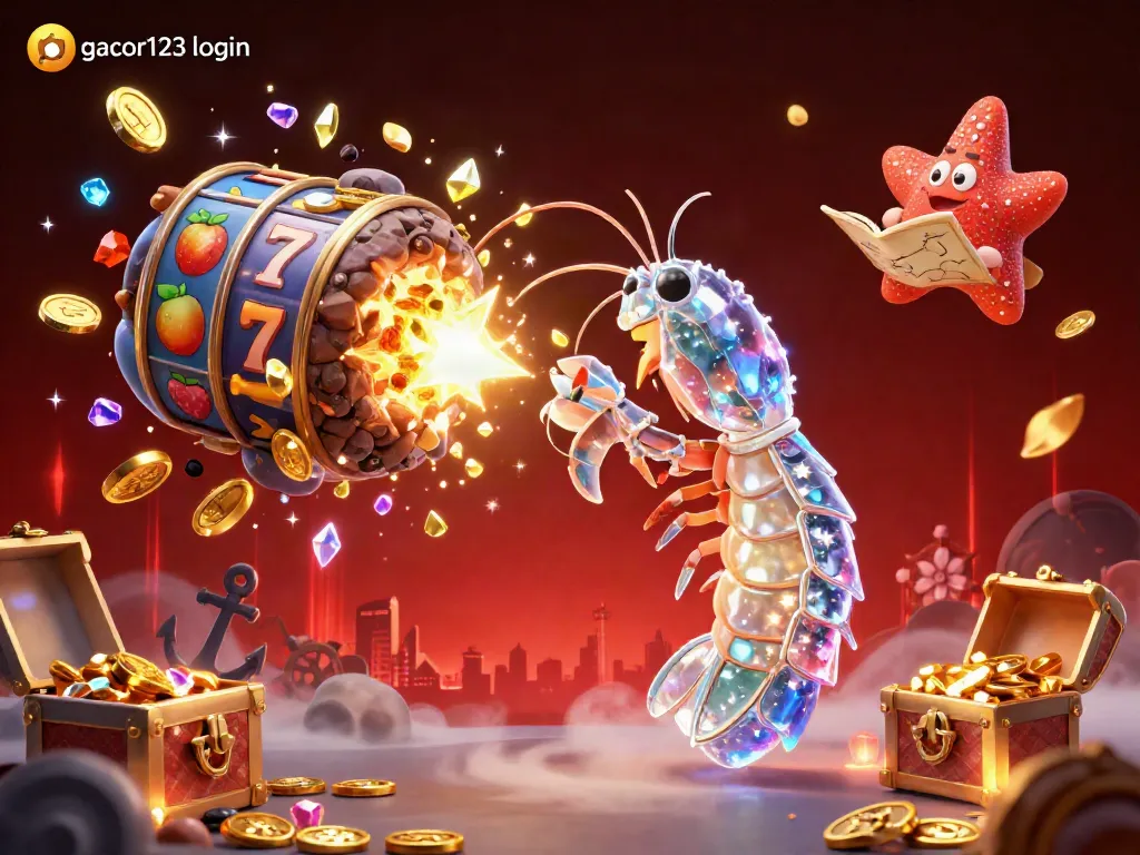 Spin and win with gacor123 login, featuring 3D gaming elements and a vibrant casino atmosphere.